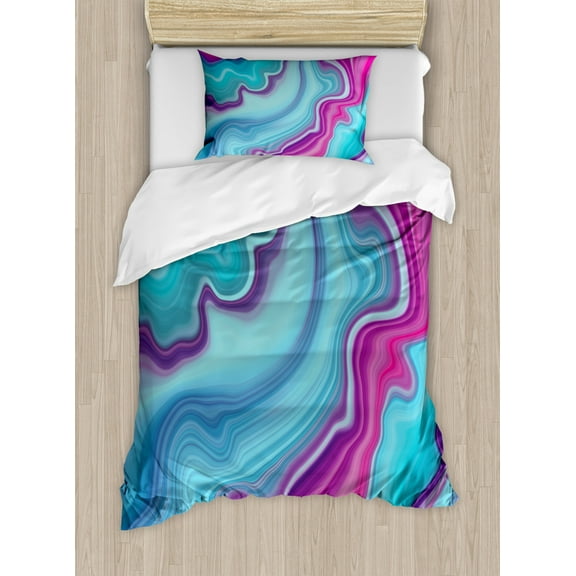 Marble Duvet Cover Set Twin Size, Abstract Color Formation Wavy Aqua Pink Lines Agate Slab Mineral Layers Geographic, Decorative 2 Piece Bedding Set with 1 Pillow Sham, Aqua Pink, by Ambesonne