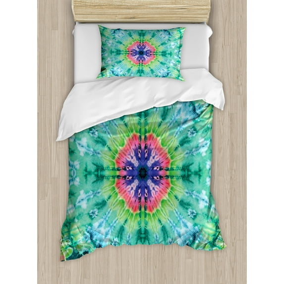 Marble Duvet Cover Set Twin Size, Distressed Background with Pleating Gradient Brushed Marble Styled Effect Image, Decorative 2 Piece Bedding Set with 1 Pillow Sham, Green Pink, by Ambesonne