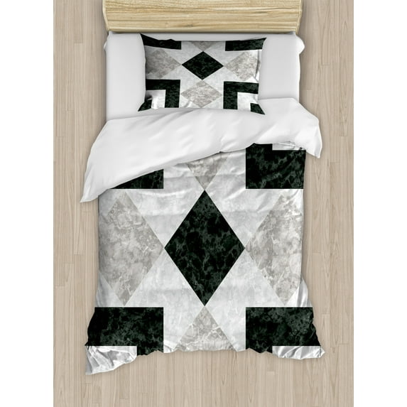 Marble Duvet Cover Set Twin Size, Nostalgic Marble Stone Mosaic Regular Design with Alluring Elements Artwork Print, Decorative 2 Piece Bedding Set with 1 Pillow Sham, Black Beige, by Ambesonne