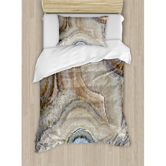 Marble Duvet Cover Set Twin Size, Surreal Onyx Stone Surface Pattern Pale Blue Details Artistic Picture, Decorative 2 Piece Bedding Set with 1 Pillow Sham, Cinnamon Grey Tan Beige, by Ambesonne