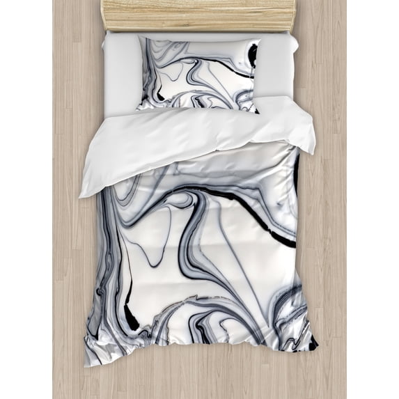 Marble Duvet Cover Set Twin Size, Trippy Mix of Colors with Unusual Forms Creative Paintbrush Style Image, Decorative 2 Piece Bedding Set with 1 Pillow Sham, Black Pale Grey Dust, by Ambesonne