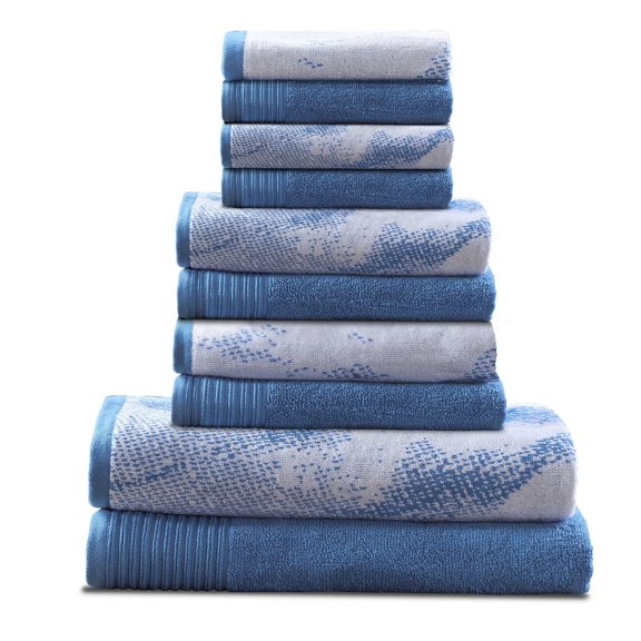 Marble Effect 100% Combed Cotton 500 GSM 10-Piece Towel Set, 2 Bath, 4 Hand, and 4 Face Blue