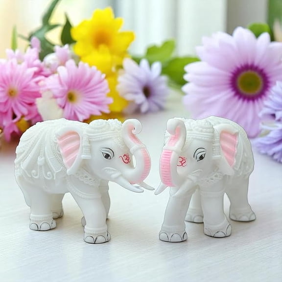 Marble Elephant Statue Pair (3x4 Inches), Trunk Up Decorative Elephant Figurine for Home Entrance, Living Room & Office, Vastu Feng Shui Diwali, Prosperity Gift