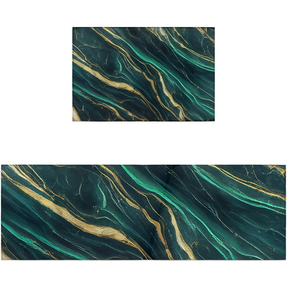 Marble Emerald Green Kitchen Rugs Set of 2, Modern Abstract Gold Art Washable Bath Shower Door Welcome Runner Area Rug Mat Carpet for Bedroom Bathroom Living Room Accent Throw Desk Rug, Large