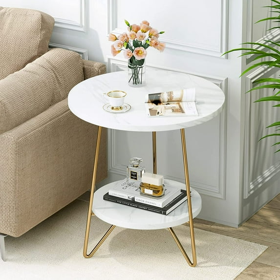 Marble End Table, 2 Tier Round Side Table with Shelves, Modern Gold Nightstand Bedside Table Small Coffee Accent Table for Living Room Bedroom, White and Gold