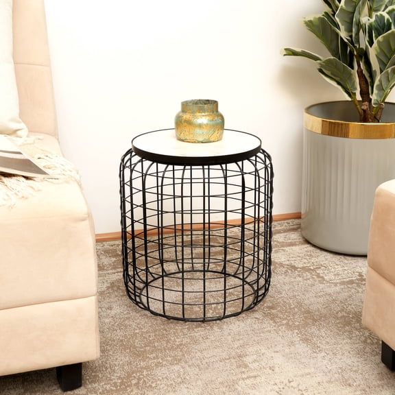 Marble End Table | Round Side Table | Black Metal Frame