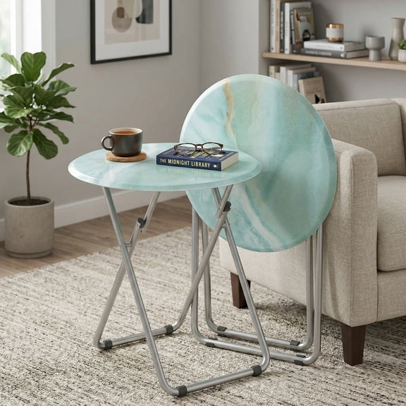 Marble Finish Foldable TV Tray Table Set of 2, Portable Round Snack Dinner Table for Living Room, Couch & Outdoor Use