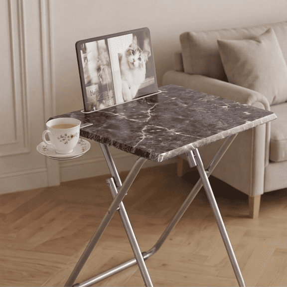 Marble Finish Portable Folding TV Tray Table with Cup Holder, Sturdy MDF Top No-Assembly Eating Desk for Living Room