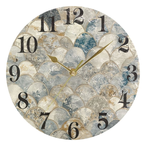 Marble Fish Scale Round Wall Clock Battery Operated Silent Non-Ticking Bedroom Office Kitchen Home School Decor 10"(Gold)