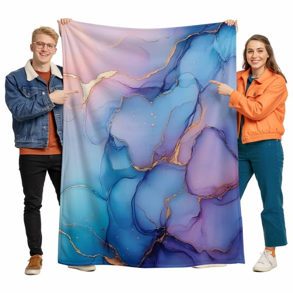 Marble Flannel Blanket for Bed,Travel and Camping, Abstract Art Purple Blue Gradient Cave Rock Golden Lines Super Soft Cozy Blanket for All Seasons 32"x48"