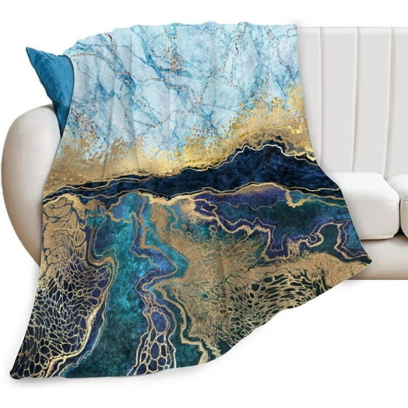 Marble Flannel Fleece Blanket,Abstract Blue Marble Fake Stone Liquid Gold Foil Ultra-Soft Microfiber Throw Blanket for Bedroom Living Couch Sofa Kids Adults Decor 40x50in