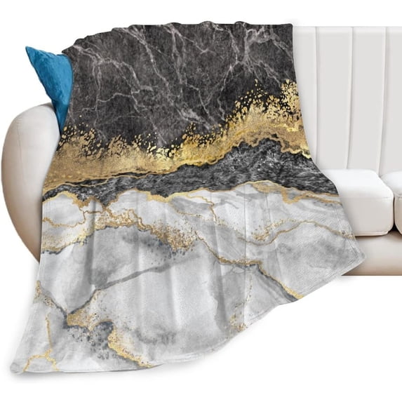 Marble Flannel Fleece Blanket, Black Grey Marble Gold Foil Cracked Lines Ultra-Soft Microfiber Throw Blanket for Bedroom Living Couch Sofa Kids Adults 40x50in