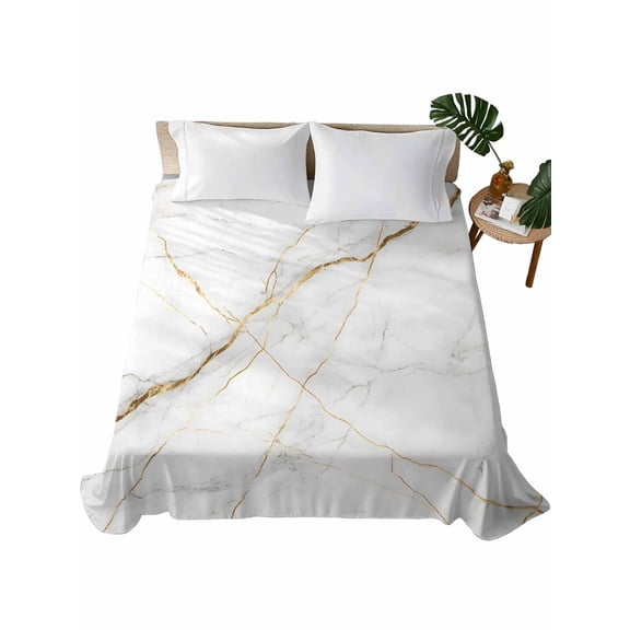 Marble Flat Sheets Only King Size, Soft Breathable Bed Top Sheets for Mattress, Grey Golden Crack Minimalistic Abstract Luxury Bedding Flat Sheets for Home Hotel Bedroom Bed Protection
