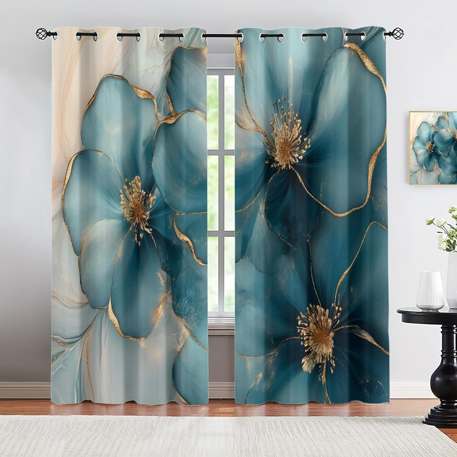 Marble Floral Curtains, Blue Green Blackout Curtains For Living Room
