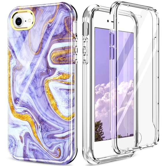 Marble Floral Pattern Case for iPhone SE 2022/SE 2020/iPhone 8/iPhone 7, Soft TPU Shockproof Clear Bumper Slim Cover with Screen Protector MagSafe Wireless Charging Lens Protection Case,Purple Marble