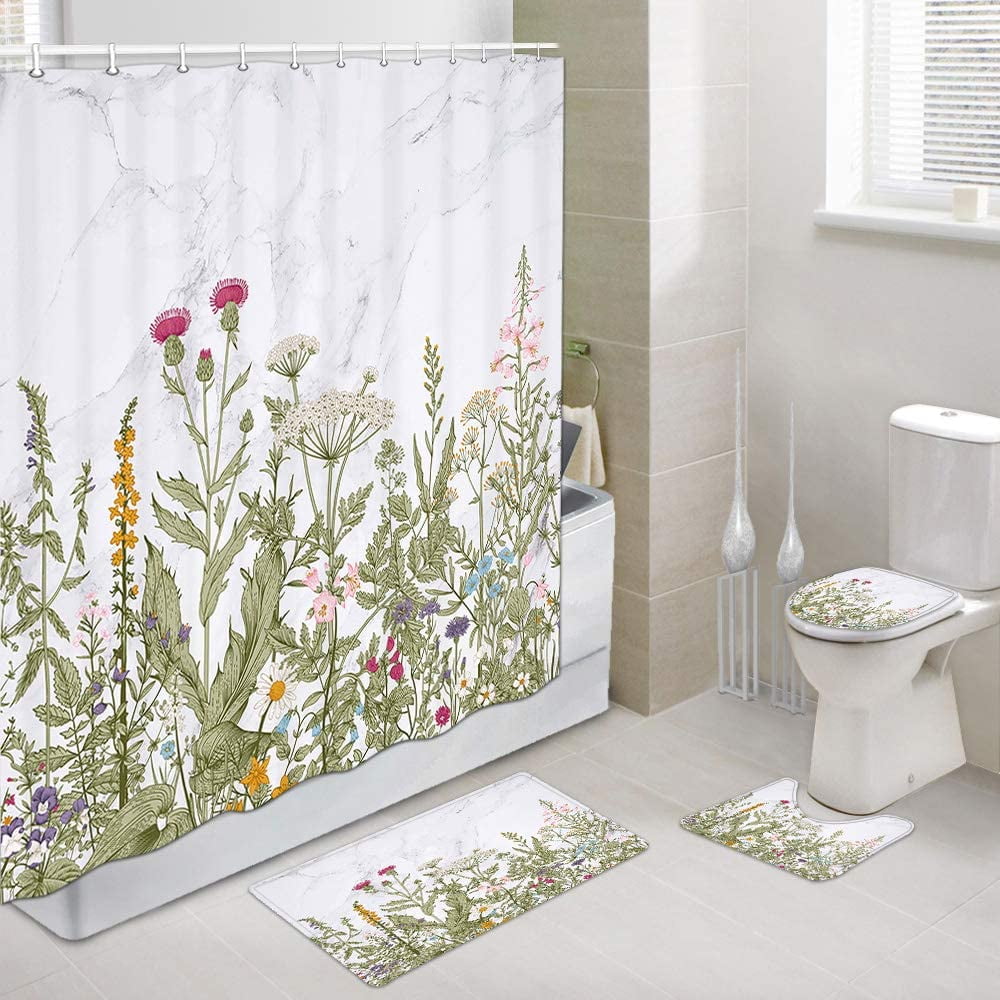 Marble Floral Shower Curtain and Bath Mat Set72x72 Inch, Vintage Floral ...