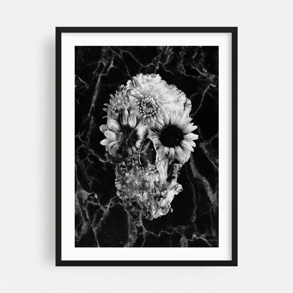 Marble Floral Skull 70x100 - Digital Art Floral Black and White Surrealism Abstract Skull Flowers Psychedelic Black Framed Wall Art Print 5 x 7 inches