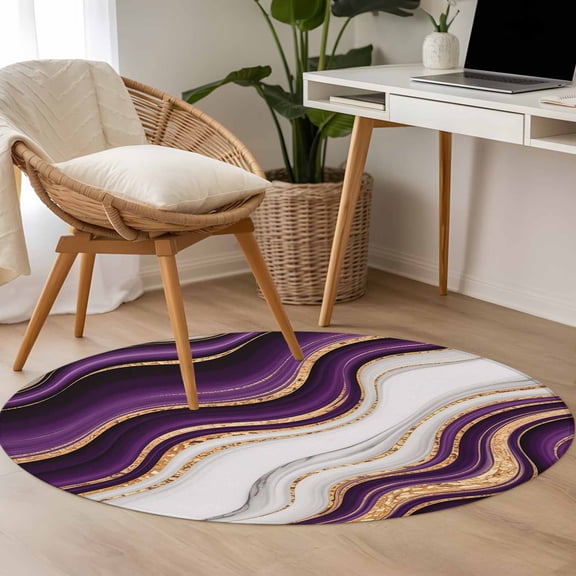 Marble Fluid Texture 3.3ft Round Rug for Bedroom Reading Corner, Pink White Gold Modern Abstract Decor Washable Non Slip Circle Area Rug