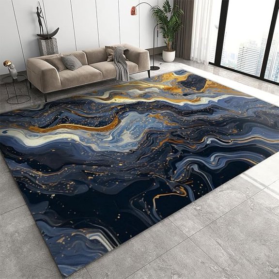 Marble Fluid Texture Area Rugs Living Room, Blue Waves Black Non Slip Small Rug, Washable Runner Rug For Bedroom Kids Boy Room Playroom Porch Rug 4 x 5ft