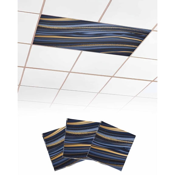 Marble Fluorescent Light Covers for Ceiling Lights 4x2 feet,3 Pack Magnetic Light Filters for Classroom,Navy Blue Modern Abstract Gold Gradual Art Fluorescent Light Shade Panel for Office School