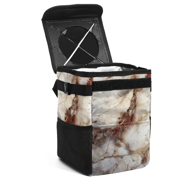 Marble Foldable Car Garbage Can Trash Can for Car, with Lid, Leak-Proof and Hanging Storage Bag