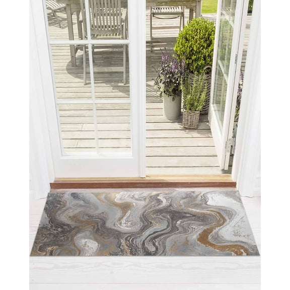 Marble Front Door Mat Abstract Fluid Art Grey Brown Marble Texture Modern Welcome Doormat Indoor Outdoor Entrance Floor Mat Non-Slip Washable Runner Rug for Front Porch Decor 18x60 Inch