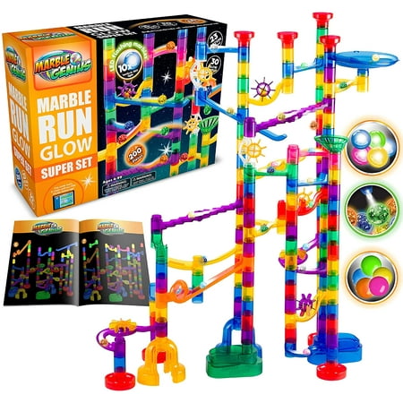 Marble Genius Glow Marble Run Set, Marble Maze Glow in The Dark (200 pcs) STEM Educational Building Block Toy, Instruction App Access & Full Color Instruction Manual, Great Gift for Kids, Super Set