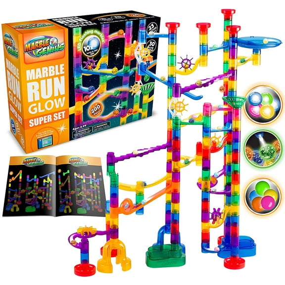 Marble Genius Glow Marble Run Set, Marble Maze Glow in The Dark (200 pcs) STEM Educational Building Block Toy, Instruction App Access & Full Color Instruction Manual, Great Gift for Kids, Super Set