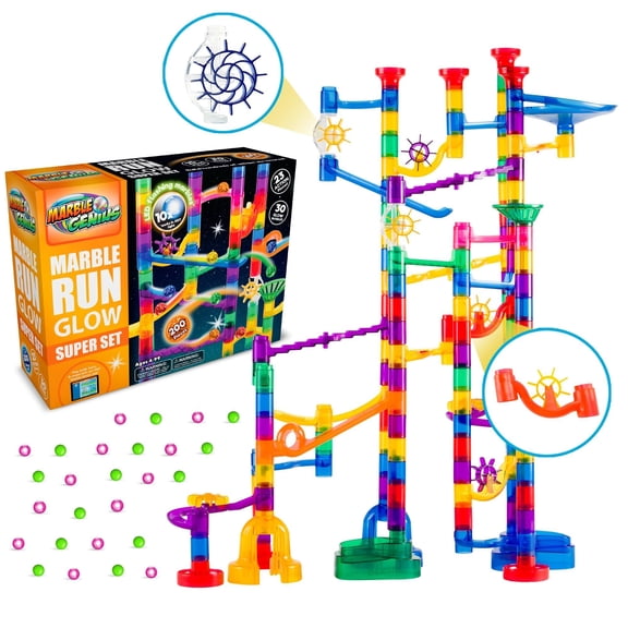 Marble Genius Glow Marble Run Set, Marble Maze Glow in The Dark (200 pcs) STEM Educational Building Block Toy, Instruction App Access & Full Color Instruction Manual, Great Gift for Kids, Super Set