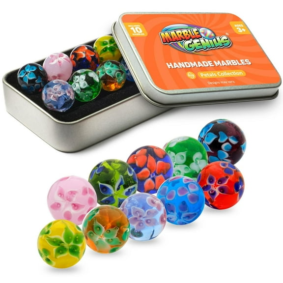 Marble Genius Collectors Marbles, Petals Design, 16mm ( Inch), 10 Handmade Glass Marbles, Gifts for Marble Lovers, Gifts for Kids Ages 3+