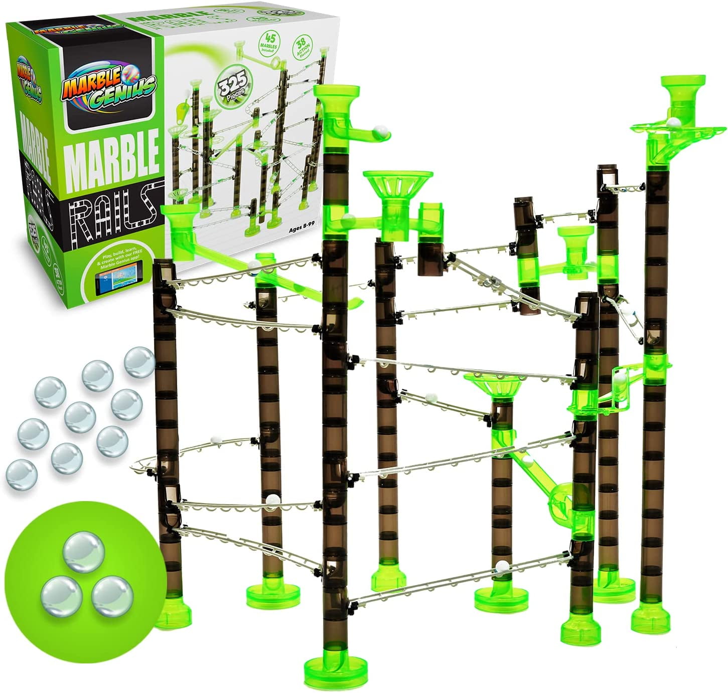 Marble Genius Marble Rails Super Set 325 Piece Marble Run (45 Marbles