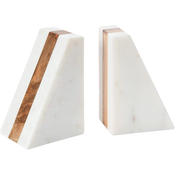 Marble Geometric Bookends with Wood Inlay, White