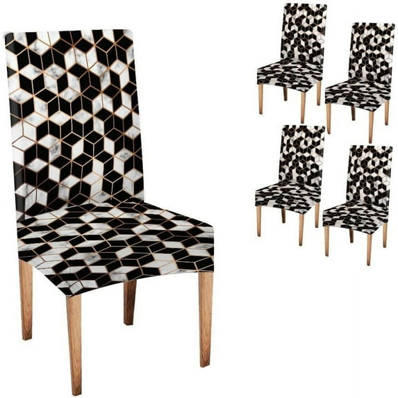 Marble Geometric Lines and Cubes Black and White Marbling Surface Modern Luxurious Chair Covers Set of 4 Decorative Seat Slipcovers Removable for Dining Room