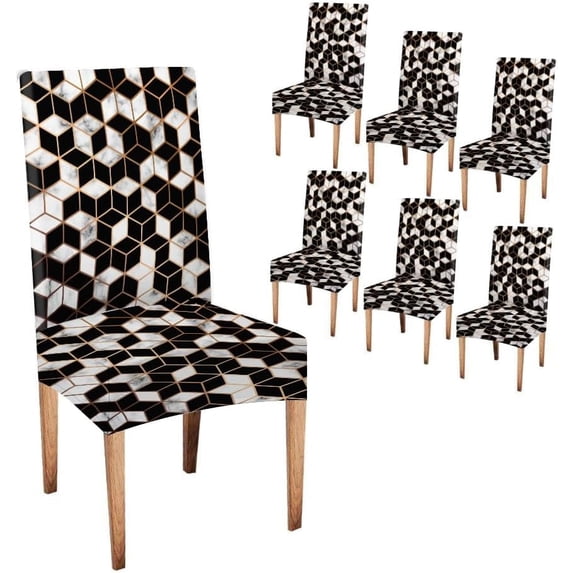 Marble Geometric Lines and Cubes Black and White Marbling Surface Modern Luxurious Chair Covers Set of 6 Decorative Seat Slipcovers Removable for Dining Room