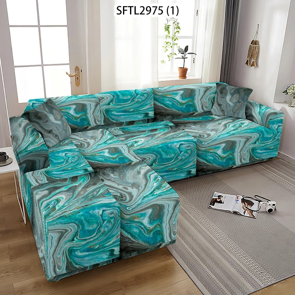 Marble Geometric Sofa Cover Dark Green Furniture Covers Blue Line