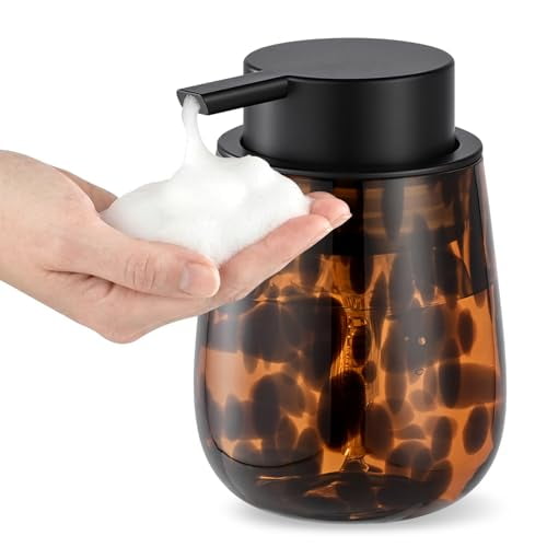 Marble Glass Foaming Hand Soap/Lotion Pump Dispenser, Refillable for Kitchen and Bathroom Countertop (Amber)