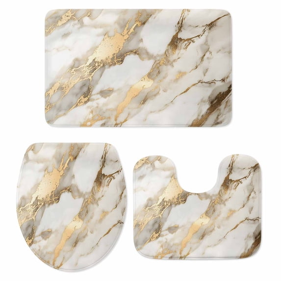 Marble Gold Bath Mat 3 Piece Bathroom Rug Set, Abstract Luxury Wave Gold Marbling Modern Non Slip Bath Rug Contour Mat and Toilet Lid Cover, Absorbent Shower Mats Soft Bath Rugs and Mats Sets