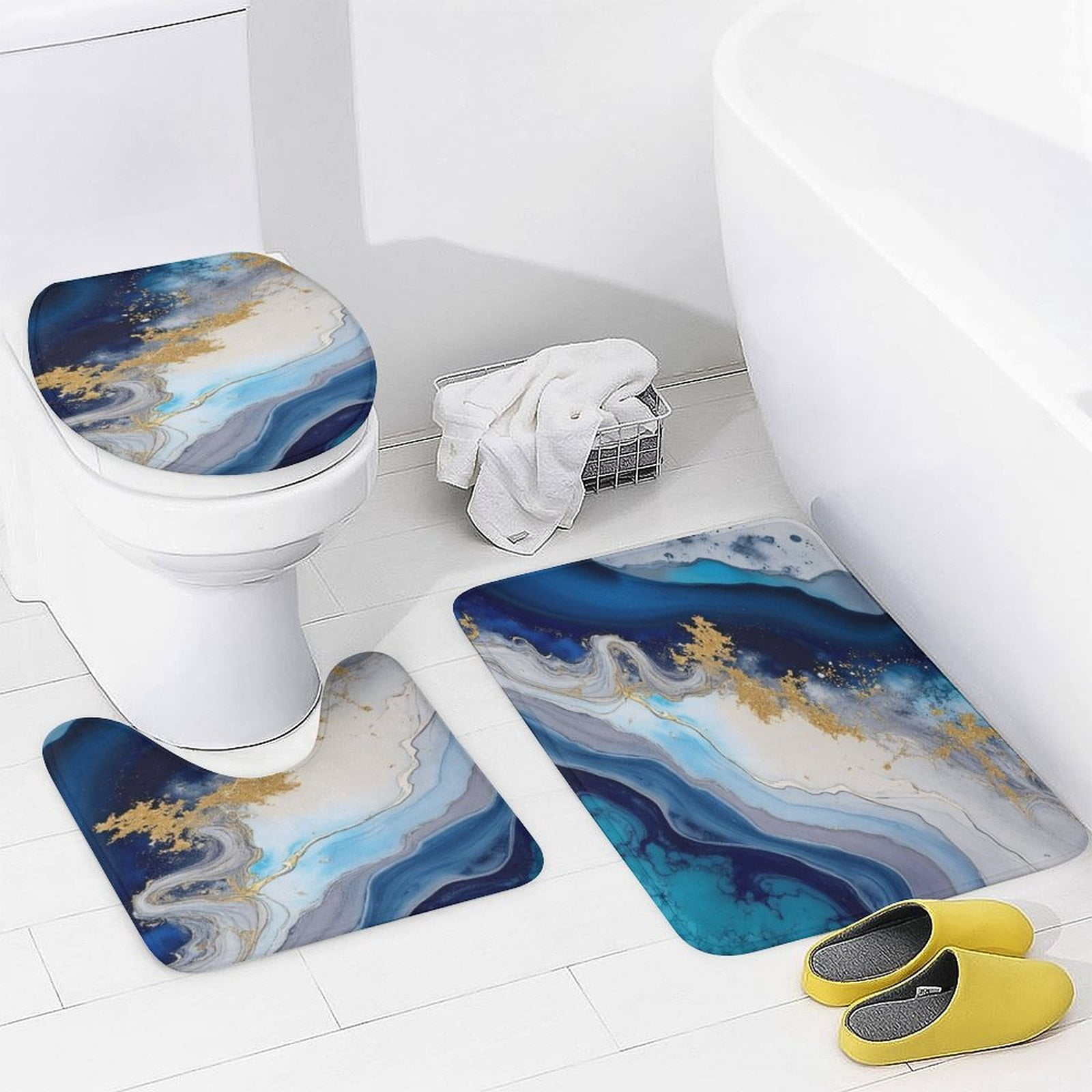 Marble Gold Blue Abstract Art Bathroom Mats Sets 3 Piece, Bath Mat ...