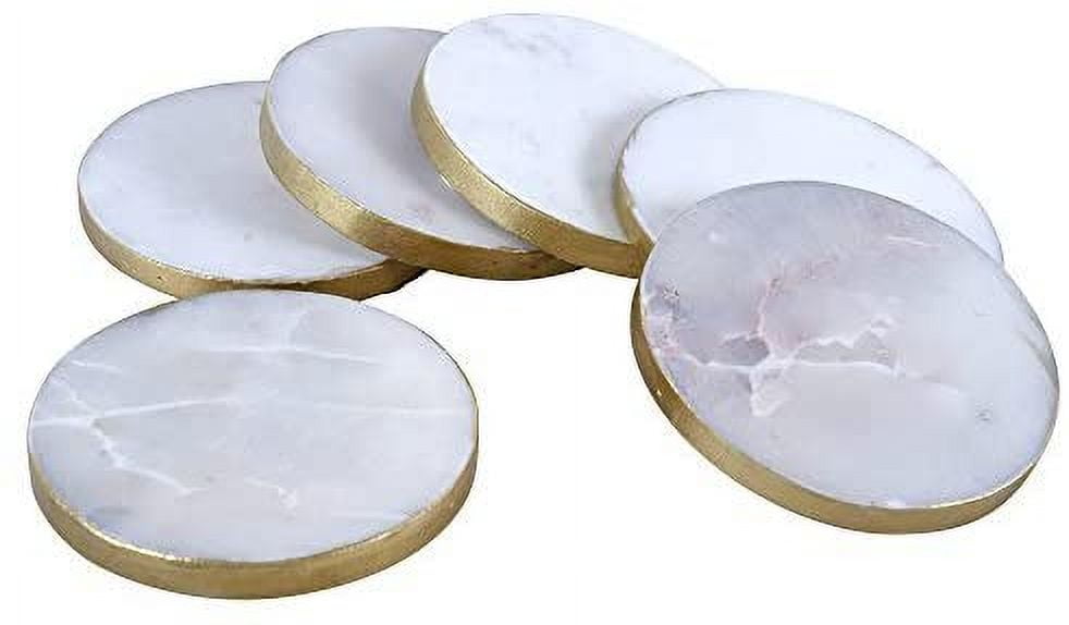 Round White Marble and Gold Edged Coaster Set