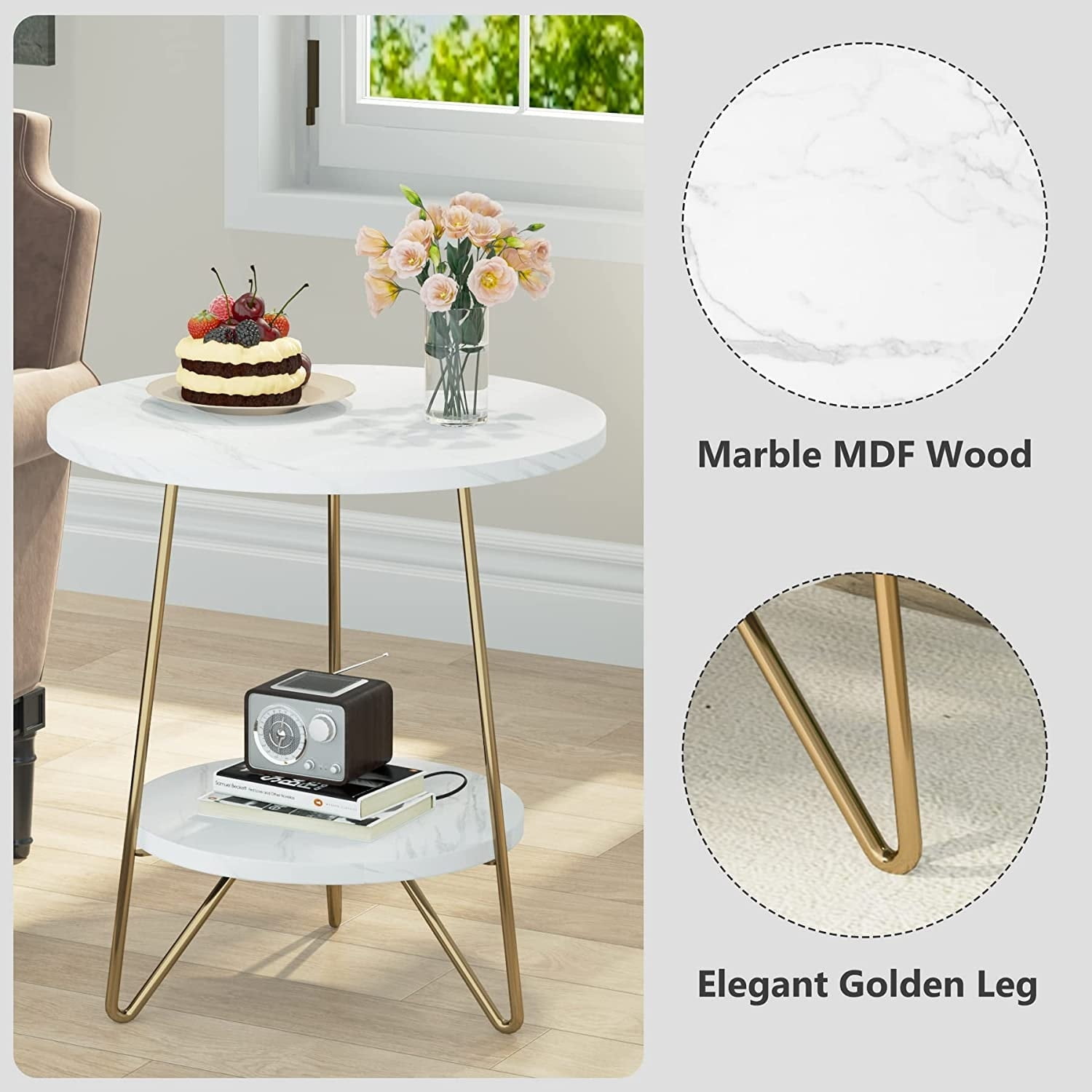 White and Gold Faux Marble Round End Table with Shelf