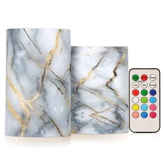 Marble Gold Flickering Flameless Candles Battery Operated with Remote Timer LED Pillar Candles Set of 2