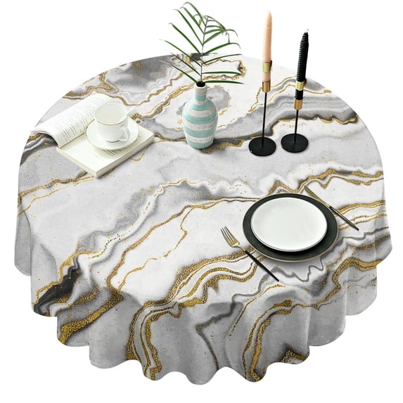 Marble Gold Grey Round Table Cloth,Wrinkle Resistant Table Cover with Polyester,Waterproof Reusable Tablecloths for Easter Birthday Picnic Wedding (Round,60x60inch)