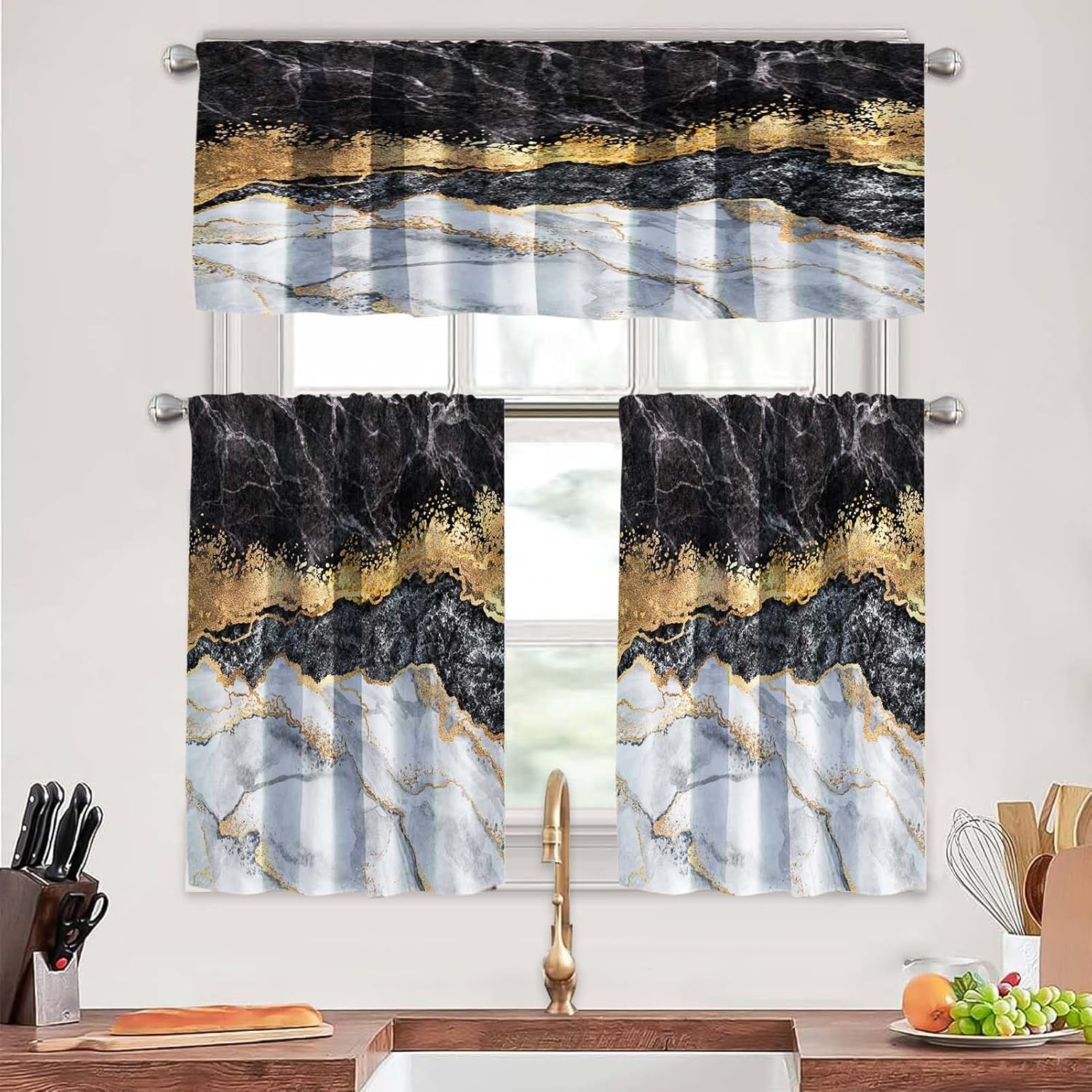 Marble and Gold Kitchen Curtains Tiers and Valances Set 3 Piece for ...