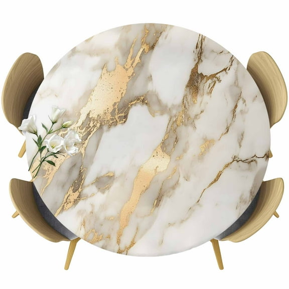 Marble Gold Round Tablecloth 36-44 Inch Round Fitted Table Cloth with Elastic Edge, Abstract Luxury Wave Gold Marbling Modern Waterproof Table Cover Protector for Outdoor Picnic Party Dining
