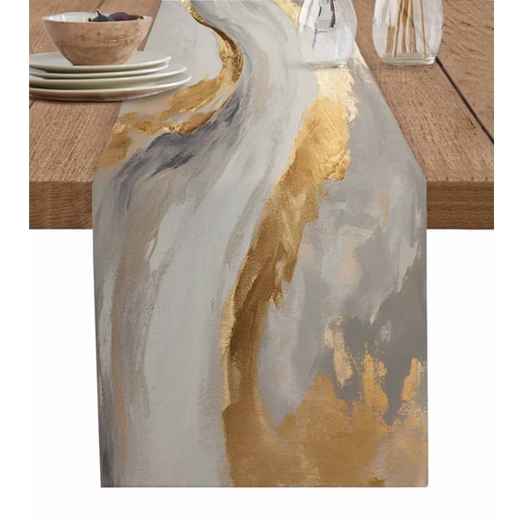 Marble Gold Table Runner-Cotton Linen- 72 Inch Holiday Dresser Scarves, Gradient Grey Abstract Modern Sky Desert Tablerunner for Kitchen Coffee/Dining Bedroom Living Room Dinner Scarf Décor 13x72