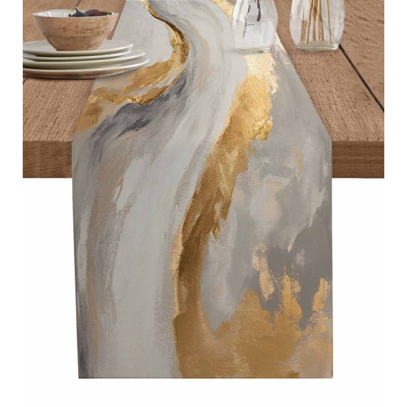 Marble Gold Table Runner-Cotton Linen- 90 Inch Holiday Dresser Scarves, Gradient Grey Abstract Modern Sky Desert Tablerunner for Kitchen Coffee/Dining Bedroom Living Room Dinner Scarf Décor 13x90