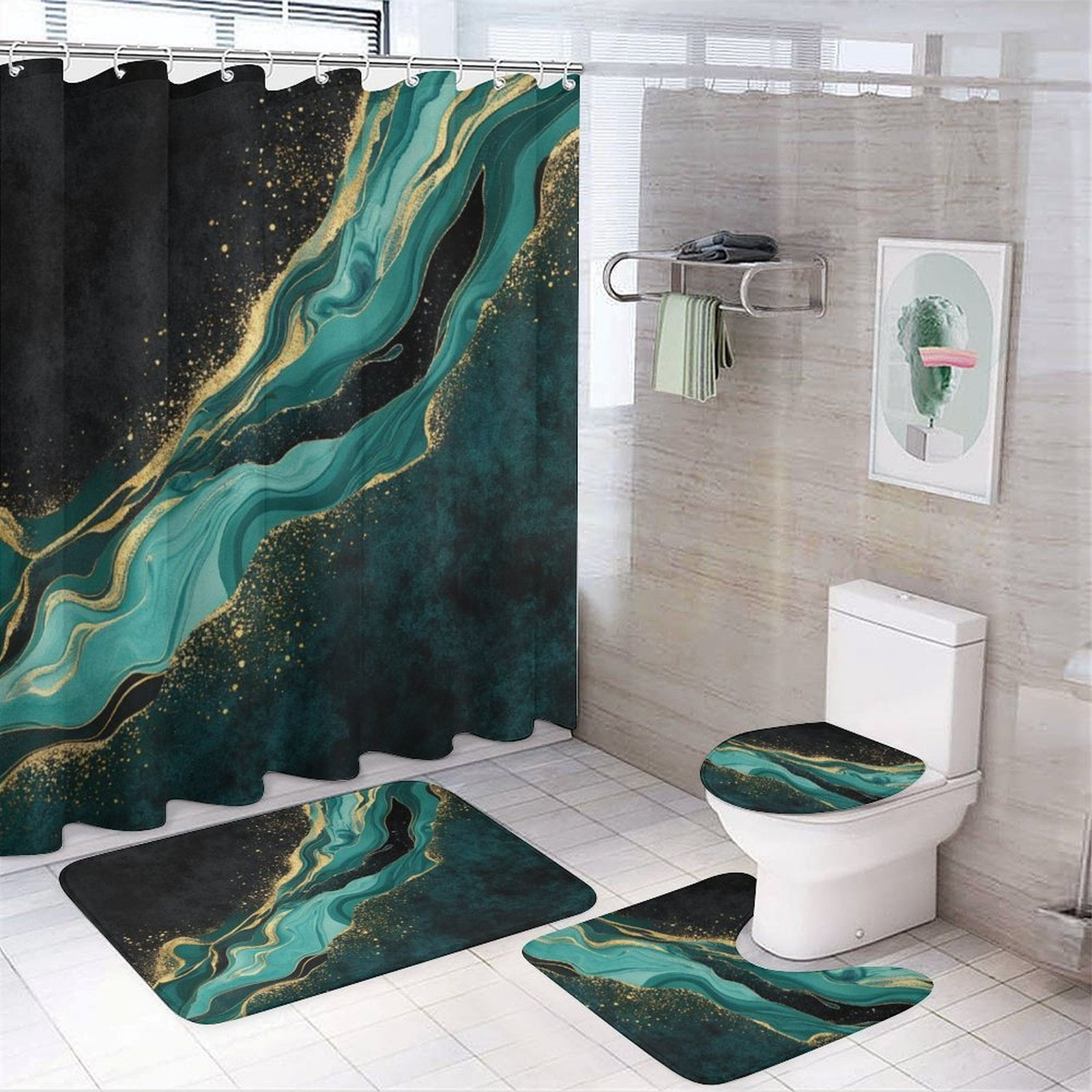 Marble Gold Teal Abstract Shower Curtain Waterproof Bathroom Curtain Set with Hooks Home Decor Bathroom Curtains 4pcs