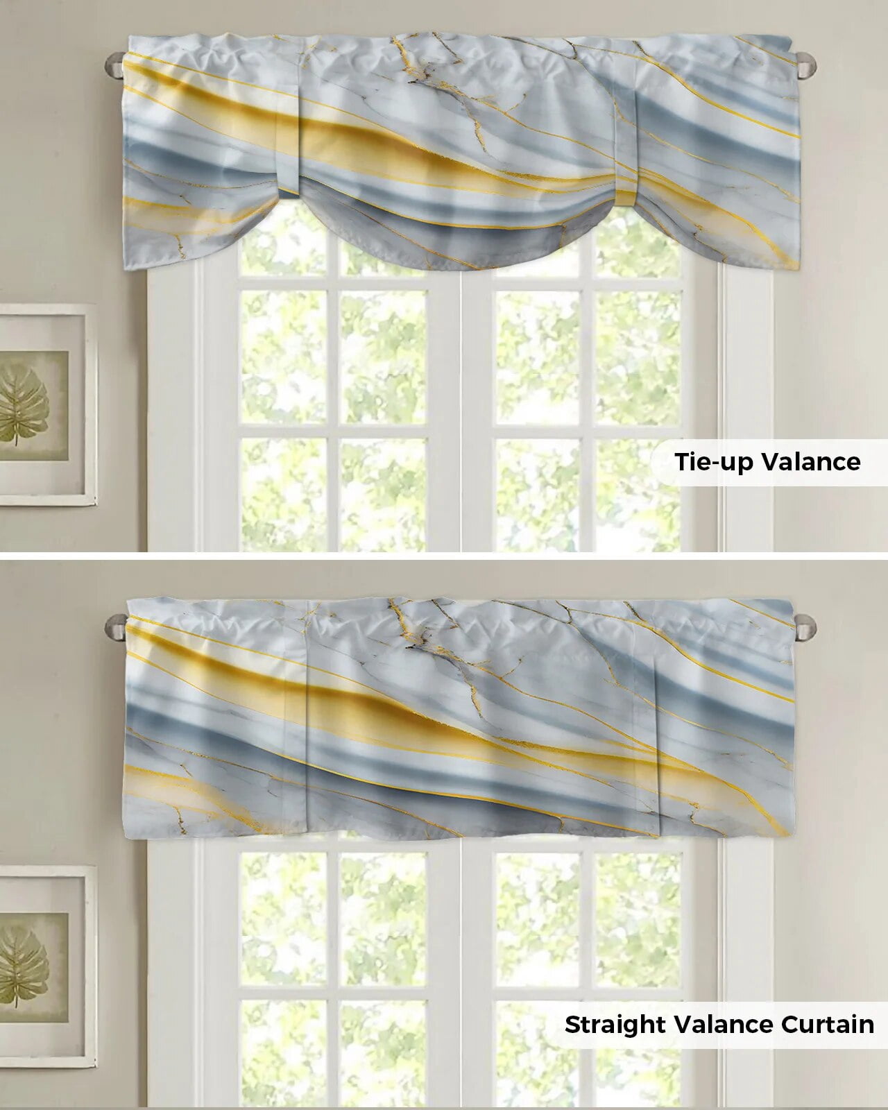 Navy Blue & Gold Marble Curtain Valance – Modern Abstract Window Topper For Kitchen, Bathroom & Living Room (54"x18")
