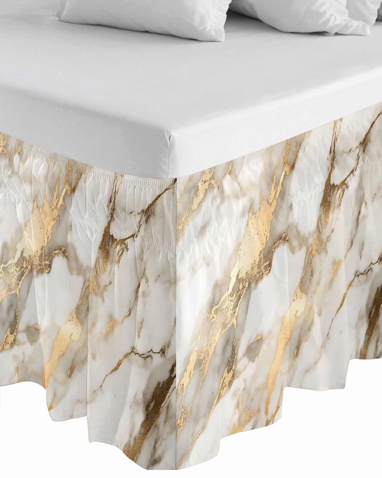 Marble Gold Wrap Around Bed Skirts for Queen Bed 16" Drop,Bed Skirt with Adjustable Elastic Belt Dust Ruffle Bed Valance for Bedroom Hotel Abstract Luxury Wave Gold Marbling Modern Bed Frame Cover
