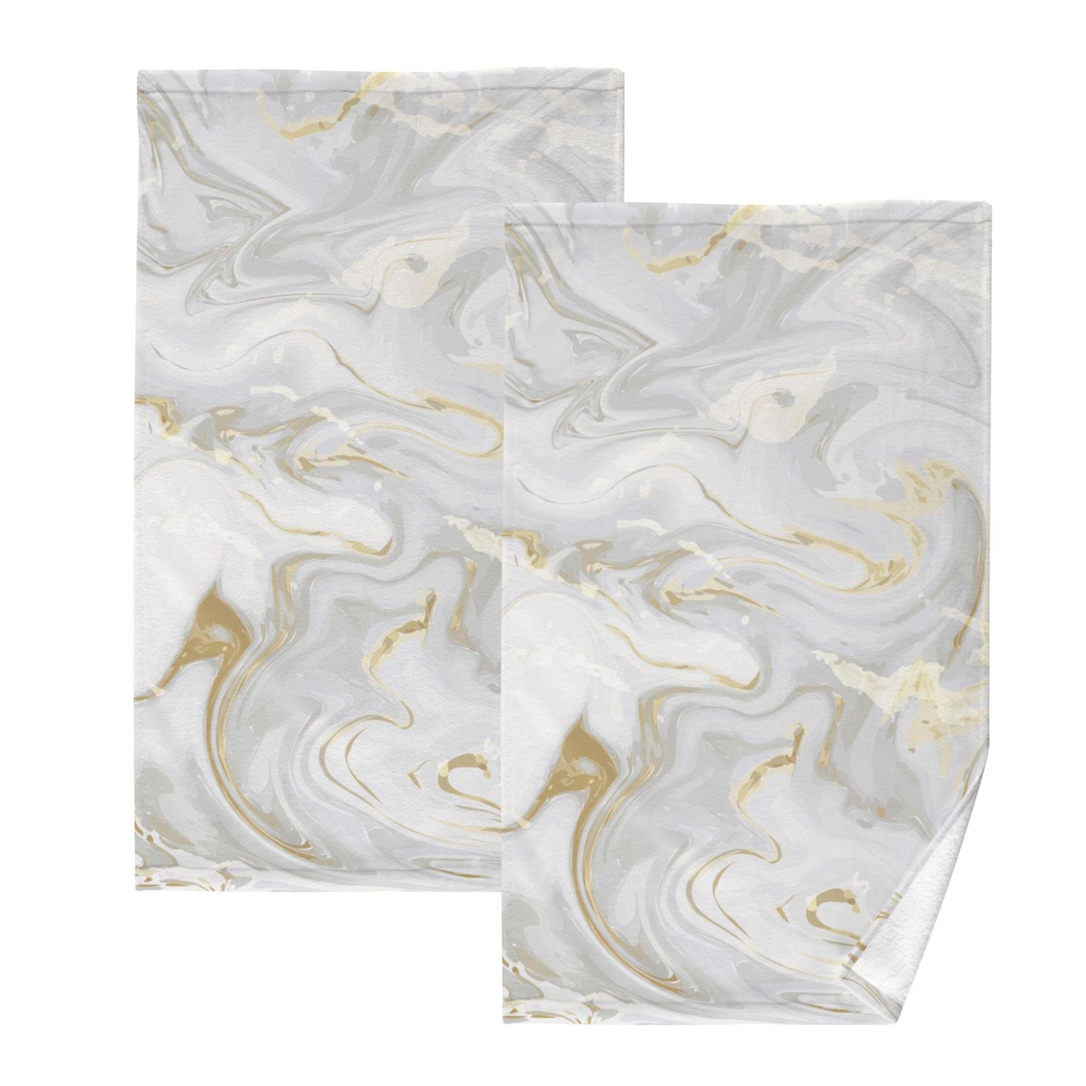 Marble Gold and White Bath Hand Towels 2 Pcs Absorbent Face Towel Soft Breathable Cotton Towel Set for Bathroom Kitchen Hotel Spa Decor